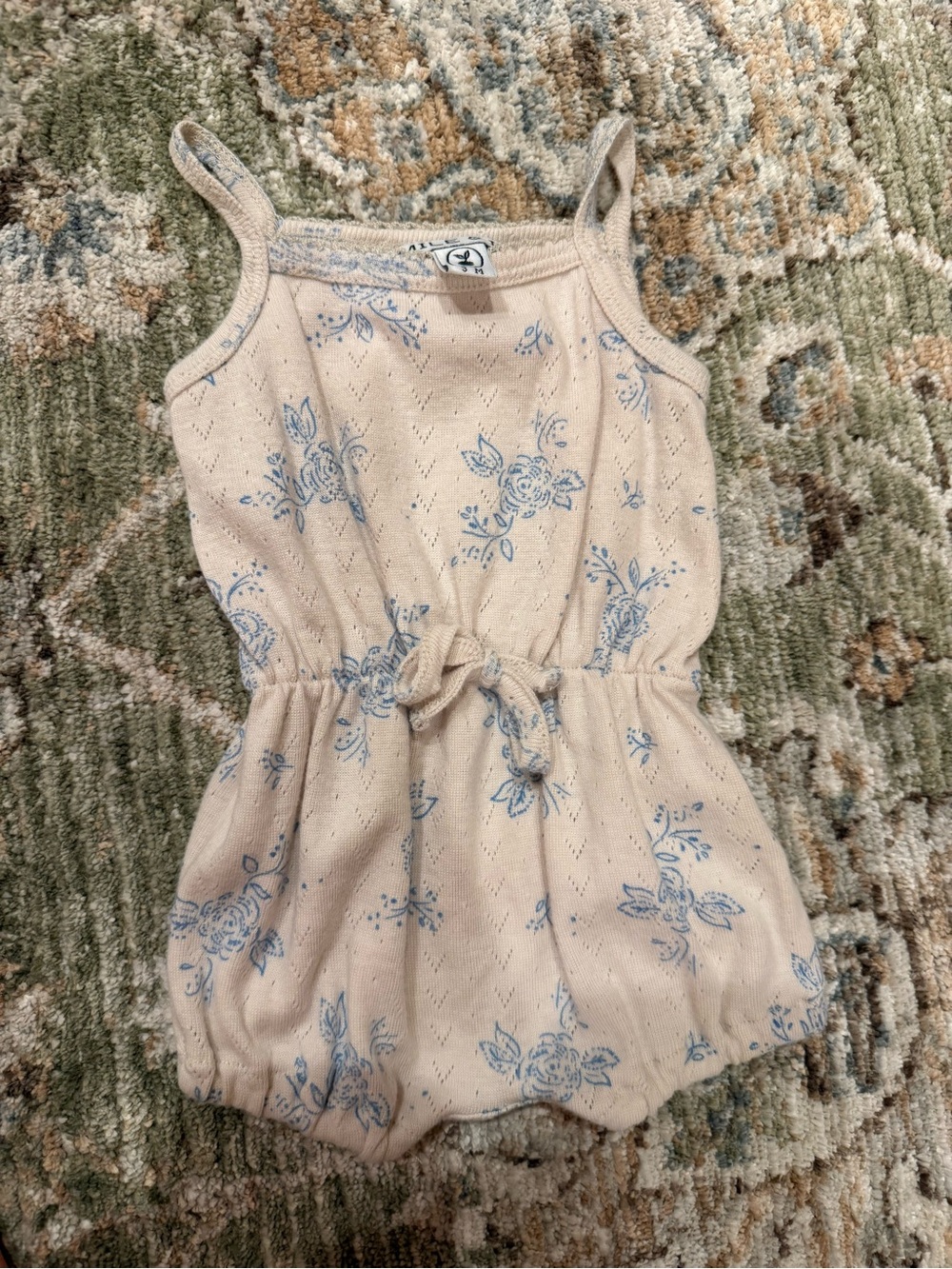 Emile et Ida Cream Romper with Light Blue Floral Print and Tie Waist 3M
